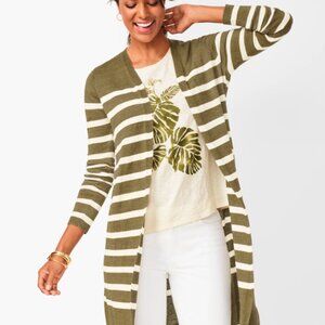 Talbots Green Striped 100% Linen Lightweight Duster Long-Lined Boho Resortwear M